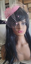 Pink Pillbox Hat Fascinator with Feather Mesh Veil Pearl Headband Bridal
