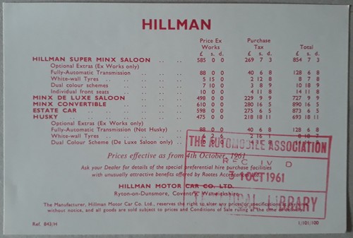 Hillman price list brochure - list,