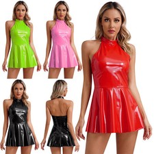 Womens Dresses Patent Leather Skirt Backless Dress Wet Look Nightwear Sexy Mini