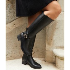 LADIES FAUX LEATHER ZIP STRETCH CALF RIDING FASHION MID HEEL BUCKLE BOOTS SIZE