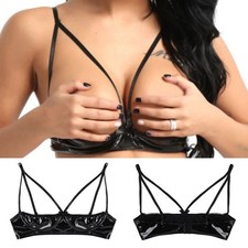 Womens Exposed Shelf Bra Lingerie PVC Leather Open Cup Cupless Clubwear Bralette