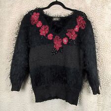 Akdeniz Vintage Womens Jumper Mohair Wool Blend Applique Floral Detail Size S/M