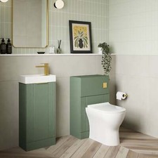 Deco Cloakroom Bathroom Suite Satin Green & Brushed Brass Finishing Sink Toilet