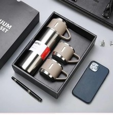 Vacuum Insulated Flask Gift Set Stainless Steel Thermal Bottle 3 Cups Sliver