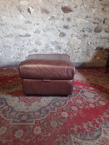 Brown leather footstool - leather,