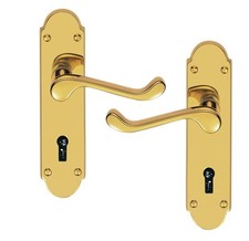 Brass Finish Epsom Victorian Scroll on Shaped Back Plate Lock Door Handles D1