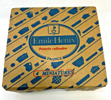 NOS Emile Henry 4 Burgundy Clay Miniature Bakeware Dishes Blue Box France Open