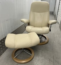 Ekornes Stressless Signature Consul Cream Leather Chair & Footstool Medium Size