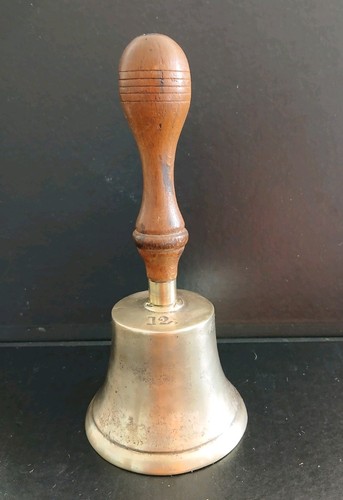 Vintage brass hand bell wooden - vintage,