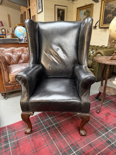 Antique black leather wingback - leather,