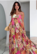 Zara Long Strapless Floral Print Dress ZW Collection Pink S 3095/120