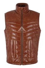 Men’s Real Leather Chestnut Quilted Puffer Vest Padded Waistcoat Gillet CARLOS