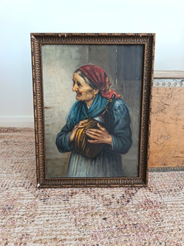 Antique old lady oil - on, canvas