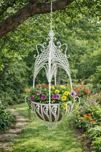 White metal hanging basket - white,