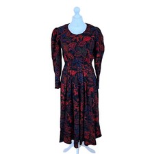 Jaeger Vintage Wool Dress Red Paisley Floral Round Neck Uk Size 12