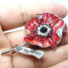 Large Red Popy Flower Brooch Pin Vintage Silver Enamel Rhinestone New Scarf UK