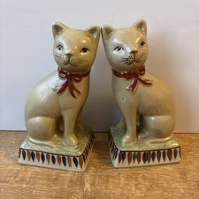 vintage Pair Of Staffordshire-Style Cats With Red Bows On Necks