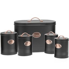 5pc Kitchen Bread Bin Set Tea Coffee Sugar Biscuit Tins,Barrel Sealed Containers