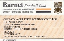 Ticket - Barnet v Exeter City 03.09.96 League Cup - Directors Box