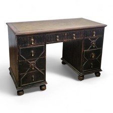 Antique Oak Kneehole Writing Desk – Carved Jacobean-Style Pedestal Desk