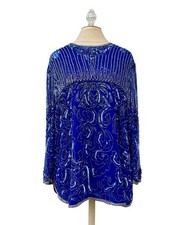Vintage Sequin Beaded Top Womens Size 20 Cobalt Blue Silver Dressy 3/4 Sleeves