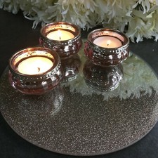 Rose Gold Sparkle Pink Mirror Plate Tealight Holder Candle Wedding Table Vintage