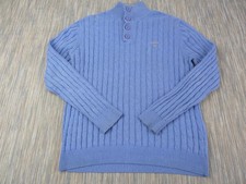 Gant Jumper Mens Large Cable Knit Logo 100% Cotton Blue Sweater 1/4 Button