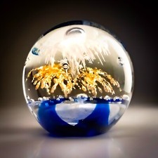 Large Clear Glass Paperweight Controlled Bubbles Blue White Gold Fleck 3.5" 820g