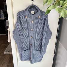 Kilronan Knitwear Aran Merino Wool Cardigan Cable Knit Indigo Blue Size Large