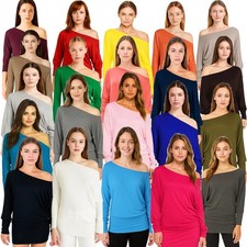 Women's Long Sleeve Off Shoulder Top Ladies Baggy Batwing Jersey Jumper