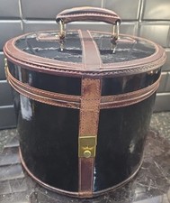 Vintage Hat Box Luggage 10" Round 9.5" High Leather Trim Key & Mirror 