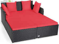 Outdoor Rattan Daybed, Sunbed Wicker Furniture W/Spacious Seat, Upholstered Cush