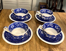 Antique Spode's Tower Blue 4 Breakfast Cups & 4 Saucers Old Mark Gadroon Edges
