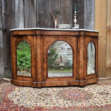 Antique Marble Topped Inlaid Burr Walnut Credenza Sideboard Chiffonier Cabinet