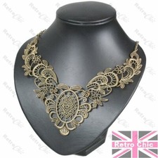 BIG ornate FILIGREE collar NECKLACE vintage brass BIB antique gold pltd lace