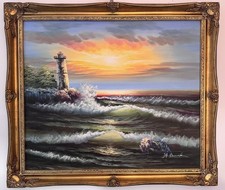 Large oil painting seascape lighthouse rocky coast sunset signed framed