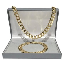 Mens 12mm Curb Set, 9ct Gold XP Chunky Gold Curb Chain 20" Bracelet 8" Flat Curb