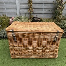 VINTAGE WICKER TRUNK LEATHER STRAPS LID 85x20x22” Toy Box Coffee Table