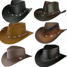 Cowboy Hat Western Aussie Style Leather Outback Real Leather Hat Chinstrap Party