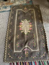 Vintage Needlepoint Rug Hand Stitched Wool  Floral Mid Century  1960