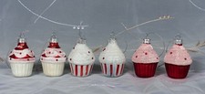Six glass festive seasonal Cupcake Hanging Christmas Tree Decorations.