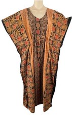 J GEE Batik Black Tribal Print OS Kaftan V-Neck Dress MuuMuu Beach Hippie Boho