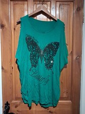 Unbranded Size 18/20 Green Butterfly Print Top With Cold Shoulder Detail (Note)
