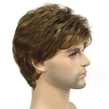 Men Light Brown mix Short Straight Wigs Full Hair Wig Toupee Daily