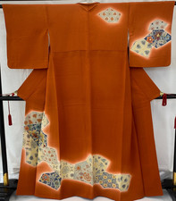 Japanese Vintage Kimono Silk Orange Tukesage Traditional Authentic Length 62 in