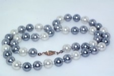 Vtg 10mm Faux Pearl Gray White 24" Necklace Strand Gold Filled Clasp
