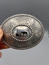 Vintage Nocona Horse & Cross Belt Buckle - Silver, Western Style, Engraved Desig