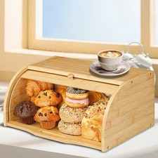 Large Bamboo Bread Bin Natural Roll Top Wood Bread Box for Kitchen Food Storage