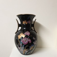 Vintage Leonardo Collection Japanese Black Pottery Vase Golden Trim Flowers