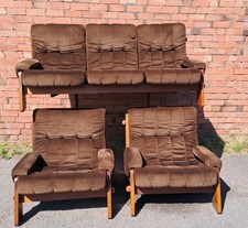 MCM Sofa and 2 Chairs Teak Frame in brown Danish Style Vintage 1970s + Footstool
